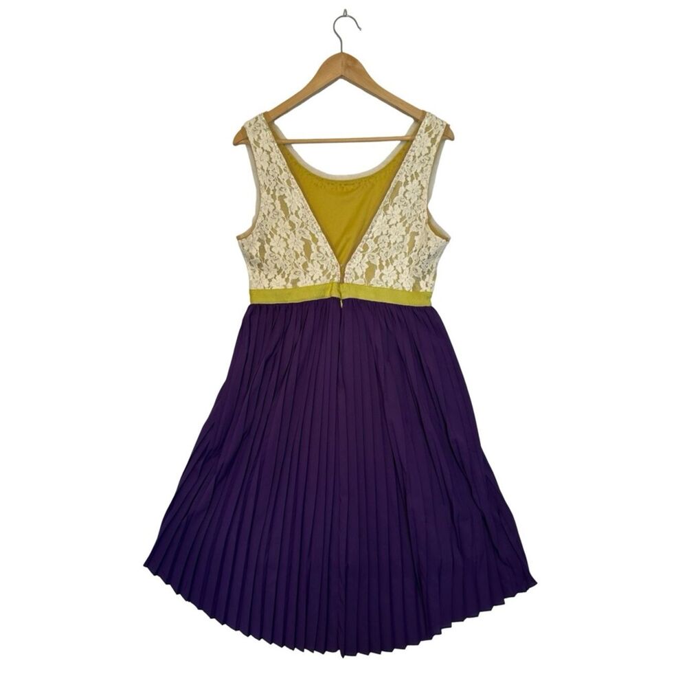RYU Anthropologie Pleated Cream Lace & Purple High Low Midi Dress Size Large